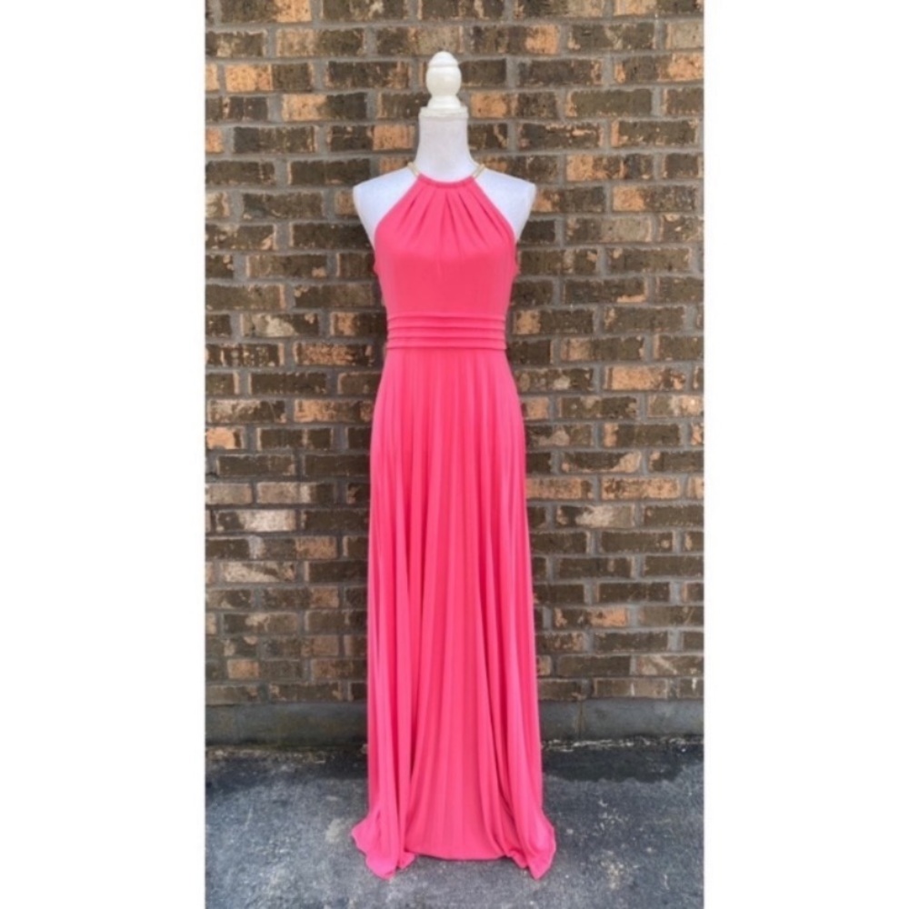 Eliza J Pink Maxi Dress Formal Pleated Gold Halter Size 6 Wedding Guest Cocktail - Picture 1 of 6